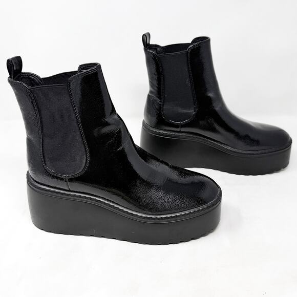 [Nine West] Henrita Black Patent Leather Platform Chelsea Ankle Boots Size 9.5 M - Picture 1 of 12
